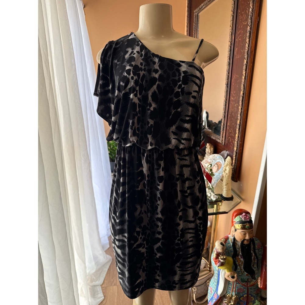 En Focus Studio Women Grey Black Animal Print One Shoulder Ruffle Dress Size 4